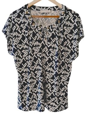 Lapis & Lillies Black and White Geometric Lace-Up Top With Brass rings Sz XL